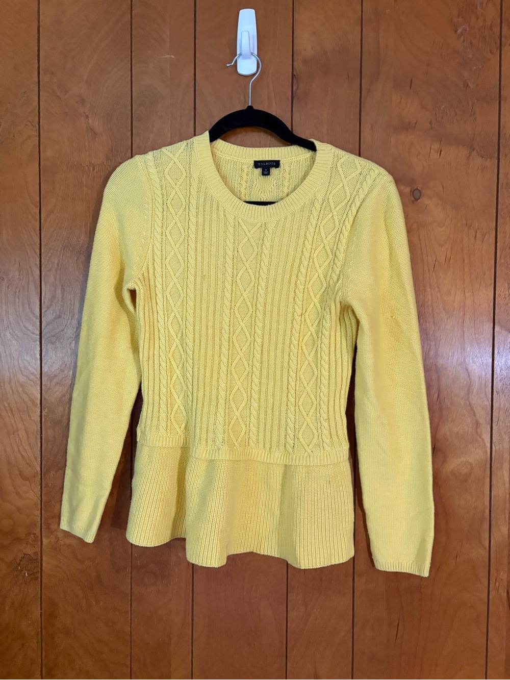 Talbots Bright Yellow Cable-Knit Peplum Crew Sweater